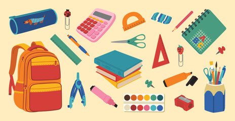 Set of different school supplies. Backpack, textbooks, calculator, pencil case, paints, pencil, markers, notebook, clip. Hand drawn vector illustration isolated on light background flat cartoon style.