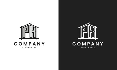 Initial PK home logo with creative house element in line art style vector design template