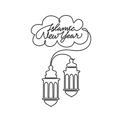 One continuous line drawing of Islamic New Year. Islamic holiday that falls on the 1st day of Muharram of the lunar Islamic Calendar in simple linear style. Islamic design concept vector illustration