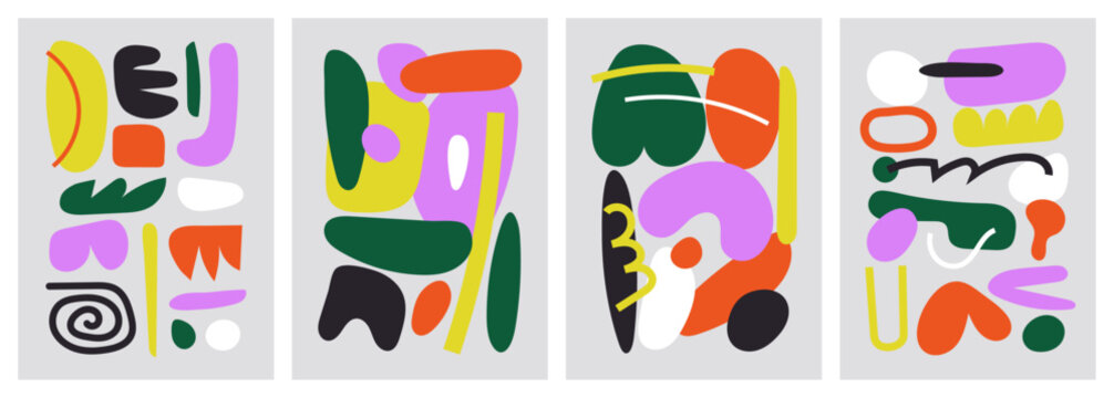 Colorful organic forms. Hand drawn simple shapes. flat vector shapes collection influenced by Naive art and graffiti. Abstract backgrounds for poster, card, cover, packaging, banner or branding.