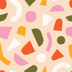 Modern Geometry seamless patter. Seamless vector texture with cut out shapes. Playful background in retro style with different forms and shapes