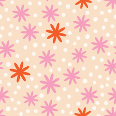 Abstract Doodle texture with simple flowers and dots. Cute vector decorative texture. Seamless background