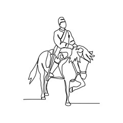 Fototapeta na wymiar One continuous line drawing of illustration of a soldier riding a horse during war. soldier riding a horse concept in simple linear style continuous line. soldier concept vector illustration.