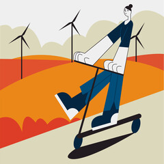 Cartoon character riding kick scooter, spending time outside. Concept of reducing world energy consumption. Usage of green vehicles. Contemporary vehicle rental services. Vector illustration