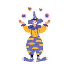 Man Clown in Flamboyant Costume Juggling Balls as Circus Artist Character Vector Illustration