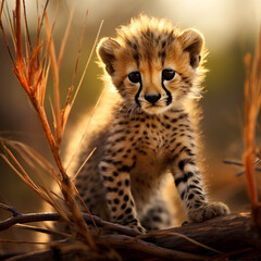 cute baby cheetah hunting in crass with a willow tree - obrazy, fototapety, plakaty