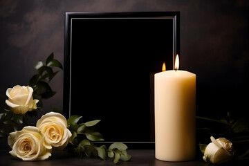 mourning candle , free space empty frame mockup, white roses