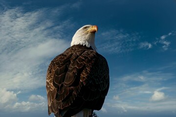 Low angle shot of a bald eagle perched on a tree under a bright blue sky