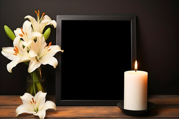 mourning candle and white lilies, free space, empty frame