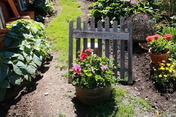 Garden with colorful flowers and an aged wooden fence with love laugh live writings carved on it