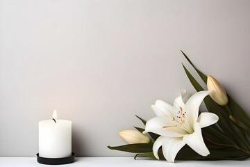 Obraz na płótnie Canvas mourning candle and white lilies, free space, modern minimalismus