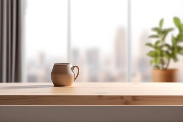 empty wood table with blurred modern apartment interior background