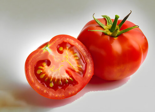 Frische Tomate und Schnittansicht auf neutralem Hintergrund &ndash; Gesundes Gem&uuml;se