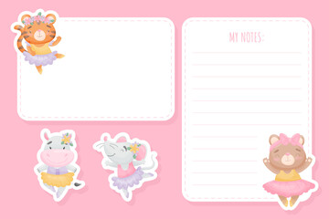 Notepad Page with Cute Animal Ballerina in Tutu Skirt and Pointe Shoes Vector Template