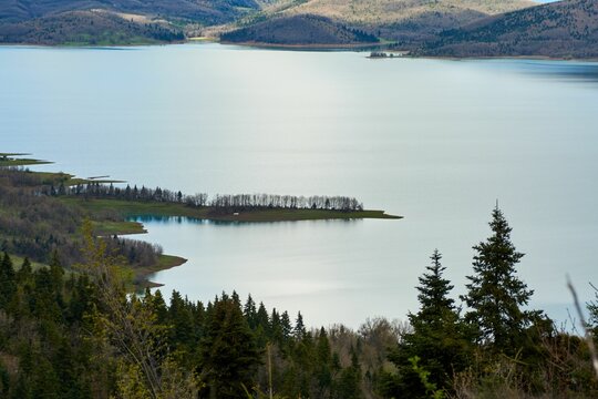Smaller section of Lake Plastiraswith green trees on the shore. Karditsa, Greece.