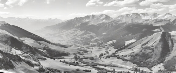 black and white mountain landscape, fictional landscape made with generative ai