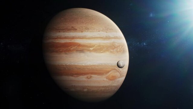 Cinematic 3D graphics of Jupiter and its moon Io, Europa, Ganymede or Callisto spinning in dark outer space under sun rays. Stars and galaxies on background. Solar system planet. Universe exploration.