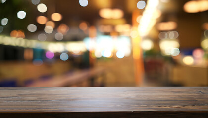 Empty wood table top on abstract blurred restaurant and cafe background - can be used for display or montage your products
