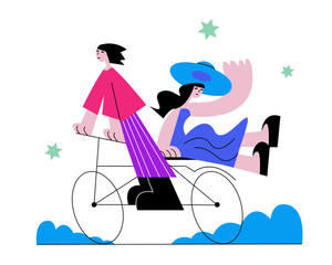 Funny woman riding bike, carries friend, spending time outside. Usage of green vehicles, eco transport. Modern vehicle rental services. Vector illustration in pink and purple colors