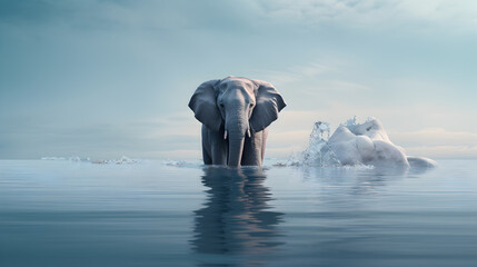 Awesome elephant in the nature, in the ice water. Generative AI