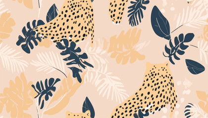 Abstract botanical print with leopards skin. Cute minimal abstract contemporary seamless pattern. Hand drawn unique print.