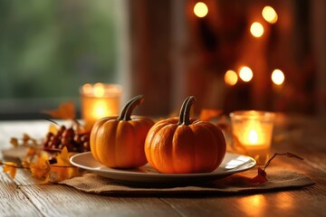 Autumn table setting with pumpkins and candles. Fall home decoration. Generative AI