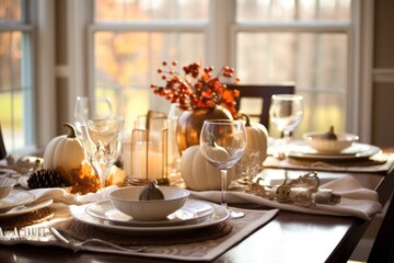 Thanksgiving dinner table setting in a light modern dining room. Fall home decoration. Generative AI
