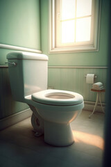 Naklejka na ściany i meble White toilet bowl in a modern bathroom. Vintage style toned picture. Generative AI.