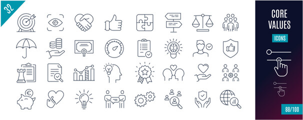 Best collection Core values line icons.puzzle, solutions,