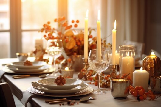 Thanksgiving dinner table setting in a light modern dining room. Fall home decoration. Generative AI