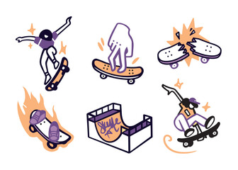 Skateboard sticker set, fire, creative, prints, stickers, fingerboard, broken skateboard, skateboarder girl and man.Vector outline style.