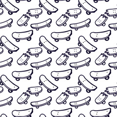 Pattern of skateboards at different angles. Simple black and white outline basic seamless pattern. Street urban sports culture.