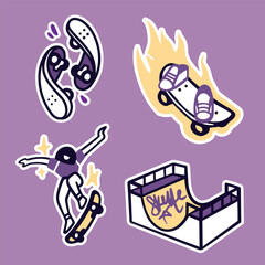 Stickers with strokes on the theme of skateboarding and street urban sports. Burning skateboard, skateboarder girl, ramp in the skatepark. Vector outline simple cartoon style.