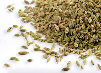 Haufen von Fenchelsamen auf wei&szlig;em Hintergrund &ndash; Gesundes Gew&uuml;rz