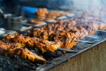 Chicken skew Kebab barbeque. Traditional Indian and Paksitan dish cooked on charcoal and flame