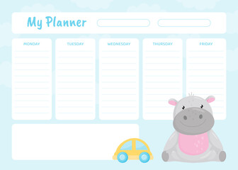 Planner with Cute Hippo Character Sitting and Smiling Vector Template