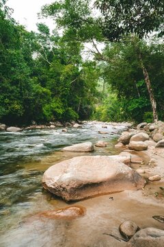 Vertical view of a scenic river flowing from upstream at Sungai Kampar, Gopeng, Perak