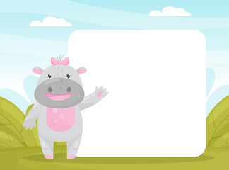 Card with Cute Hippo Character Greeting and Smiling Vector Template