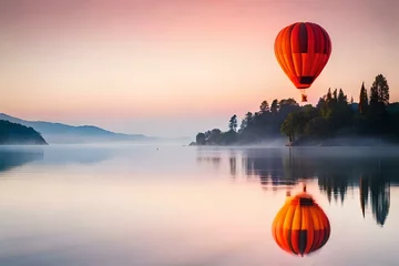 Crédence de cuisine en verre imprimé Ballon hot air balloon over lake