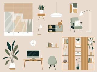 Living Room Interior Elements Vector Set. Wooden furniture, plants, bookcase, paintings, armchair, lamps, shelf, window6 workspace. Modern minimalistic trendy collection for home apartment design