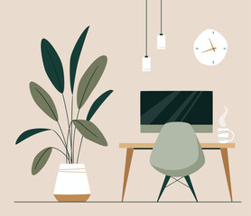 Workspace with desk, desktop computer, plant in earth tones. Home Office.  Modern minimalistic interior design