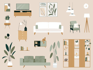 Living Room Interior Elements Vector Set. Wooden furniture, plants, sofa, couch, bookcase, paintings, armchair, TV, lamps, shelf, window. Modern minimalist trendy collection for home apartment design