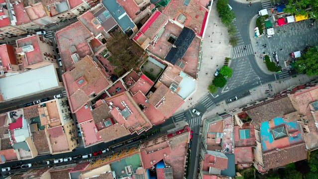Aerial top down view of architecture and city of Figueres in Catalonia Spain