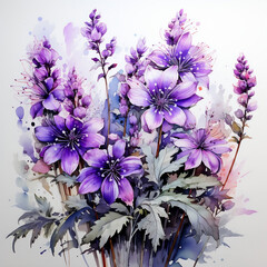 Obraz na płótnie Canvas Lavender flowers beautiful floral bouquets. Watercolor natural illustration of Provence herbs on a white background. AI