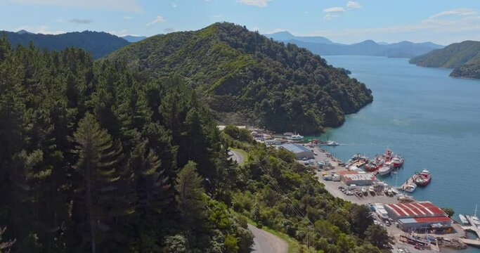 Aerial: Town of Picton in the Marlborough Sounds, New Zealand