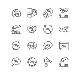 Set of CO2 related icons, green production, earth, emission levels and linear variety symbols.