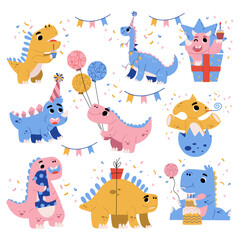 Dino Party with Happy Dinosaurs with Balloon and Gift Box Vector Set
