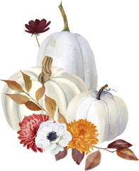 Watercolor floral pumpkin illustration, fall bouquets . Pastel pumpkins and flower arrangements in rustic style.