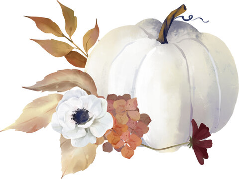 Watercolor floral pumpkin illustration, fall bouquets . Pastel pumpkins and flower arrangements in rustic style.