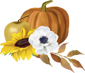 Watercolor floral pumpkin illustration, fall bouquets . Pastel pumpkins and flower arrangements in rustic style. 